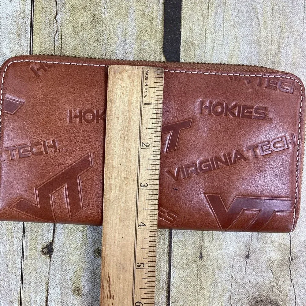VT Hokies JML Embossed Cowhide Leather Wallet Brown Virginia Tech Zip Around